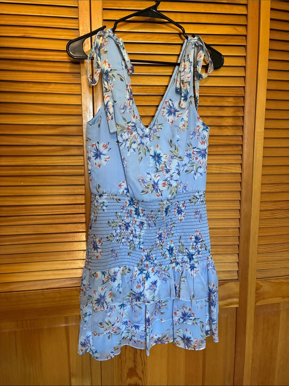 Amanda Uprichard Light Blue Floral Tie-Shoulder Mini Dress, Drop Waist
